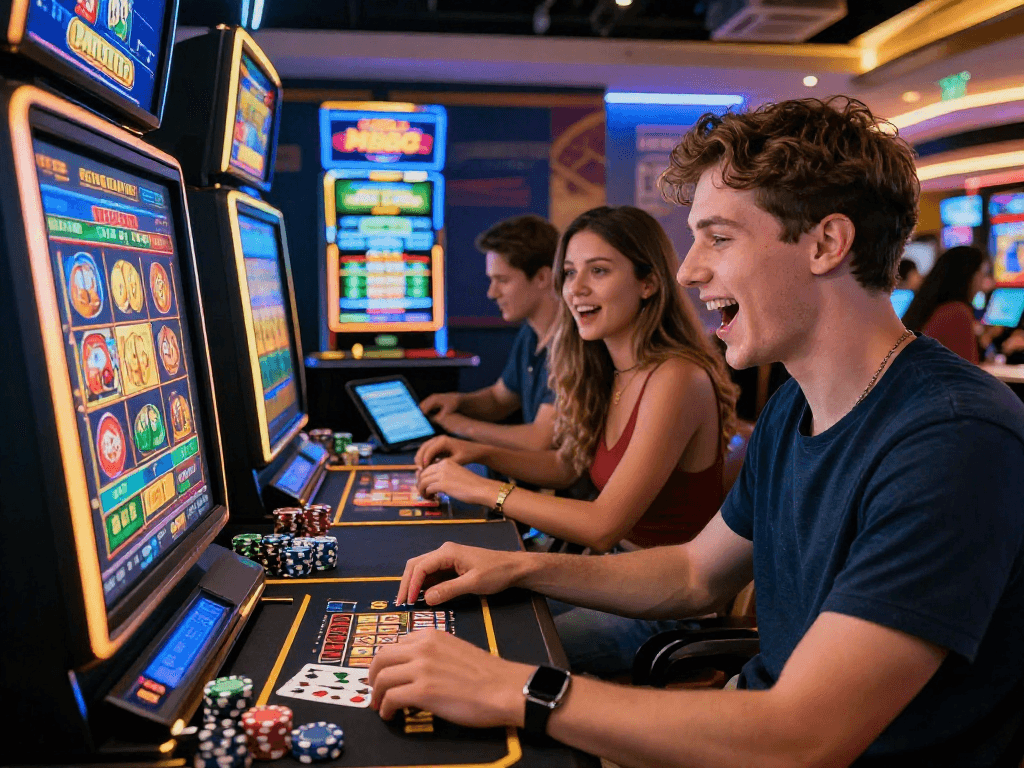 Exciting MB66 online casino scene with players enjoying various games and vibrant promotions